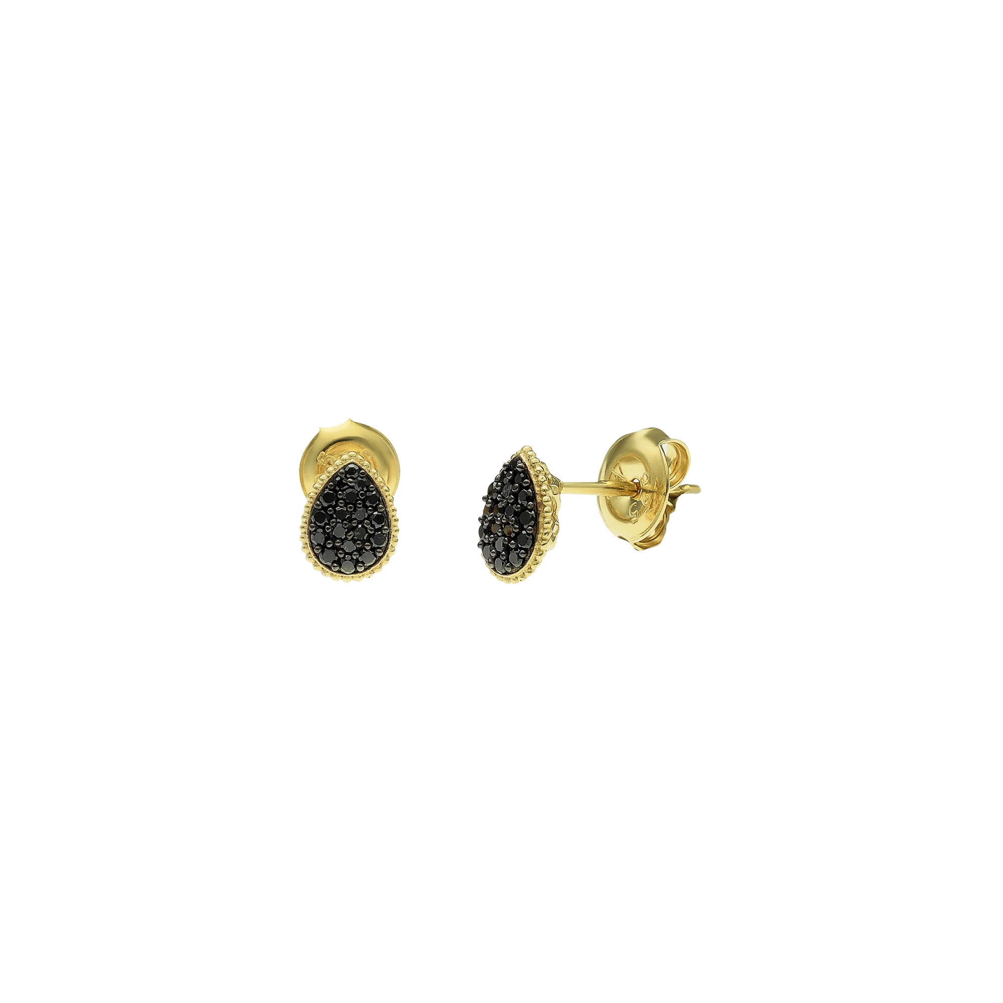 Boucles d'Oreilles Puces Argent Dorées Gouttes Diamant Noir