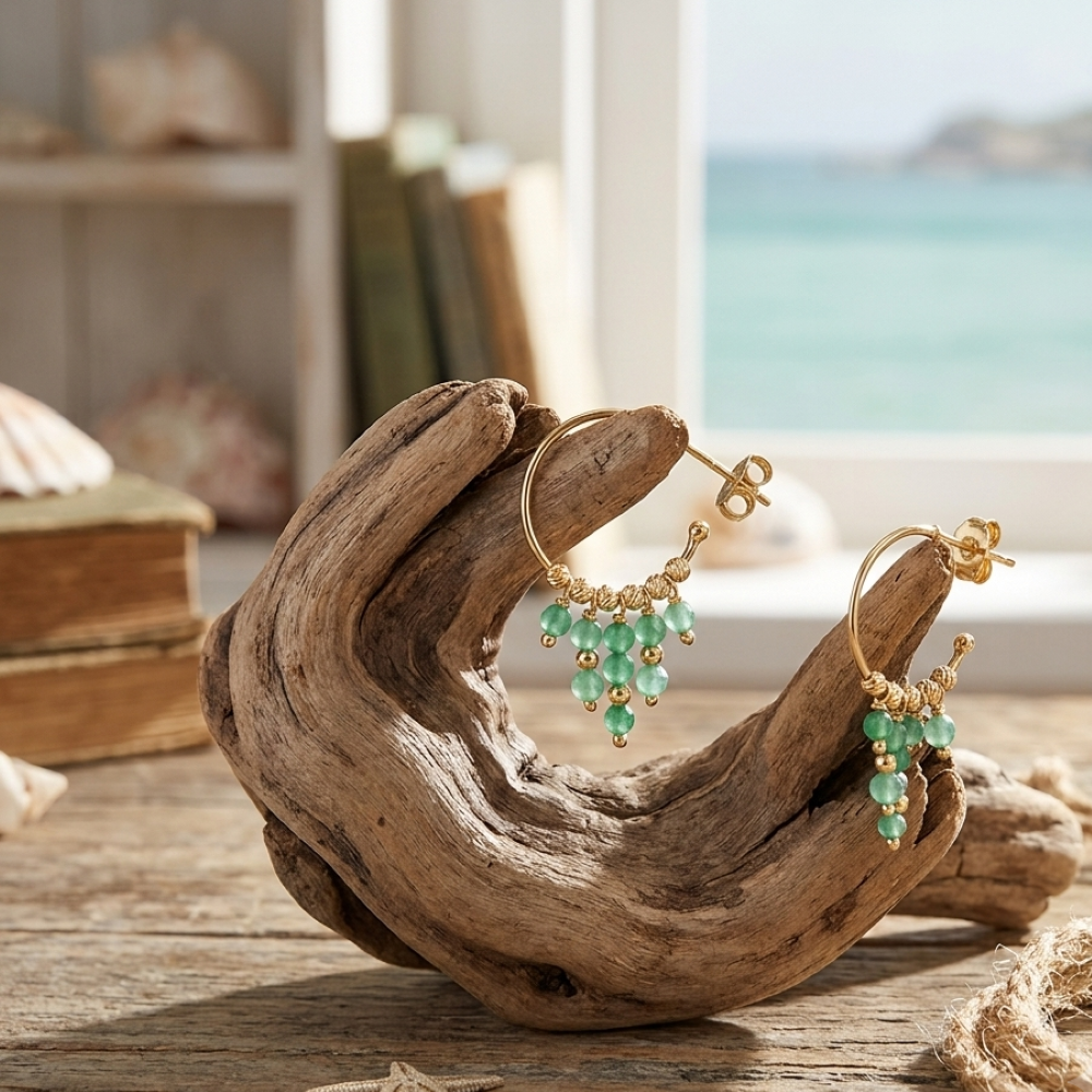 Boucles d'oreilles argent dorée créole pierres naturelles onyx vert orusbijoux