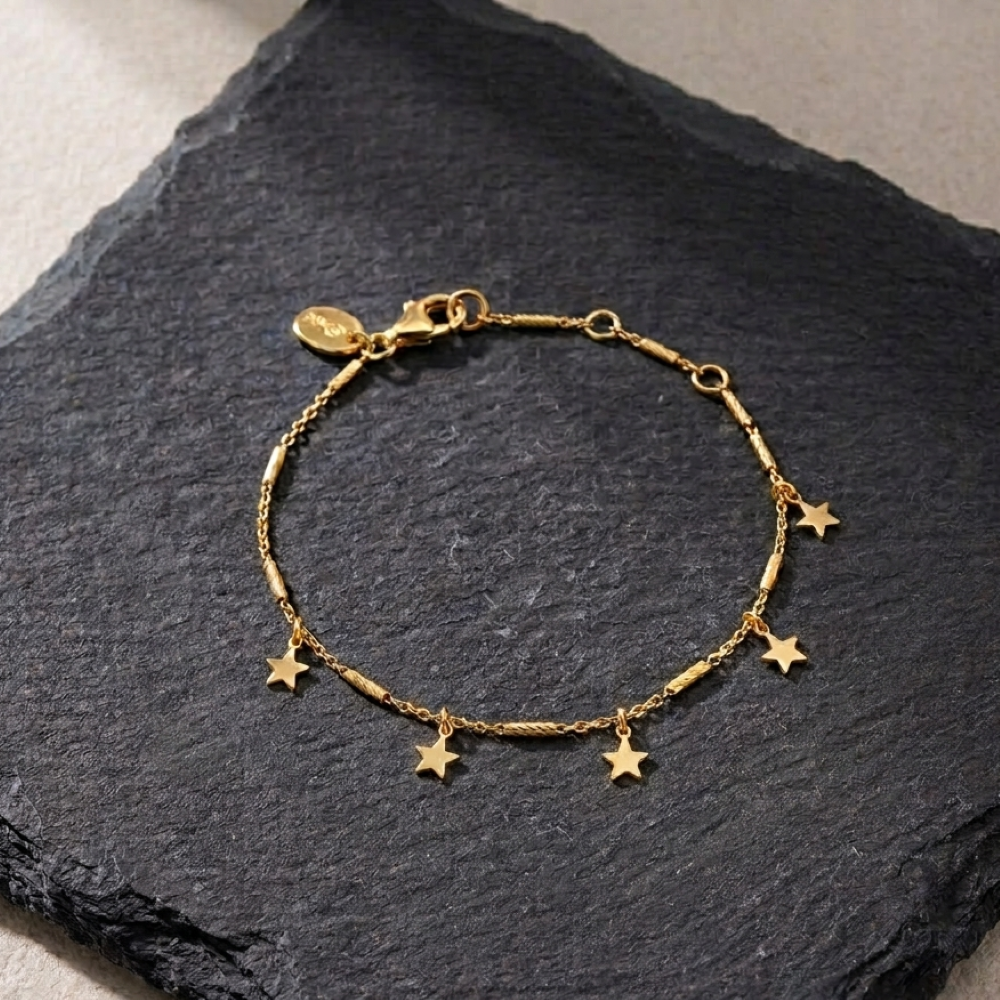 Alternative view of Bracelet argent doré chaine barrettes et étoiles dorée