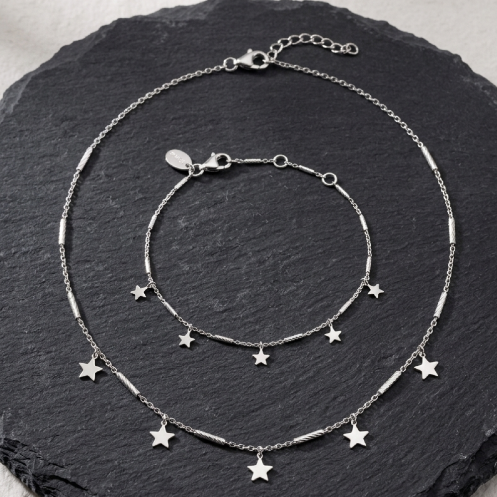 Alternative view of Bracelet argent rhodié chaine barrettes et étoiles rhodié