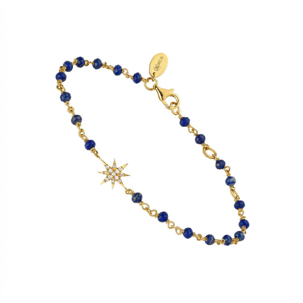 Bracelet argent doré étoile zirconium blanc et pierre lapis 1