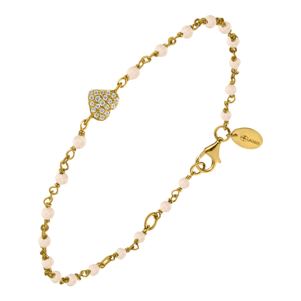Bracelet argent doré cœur serti blanc pierres opale rose