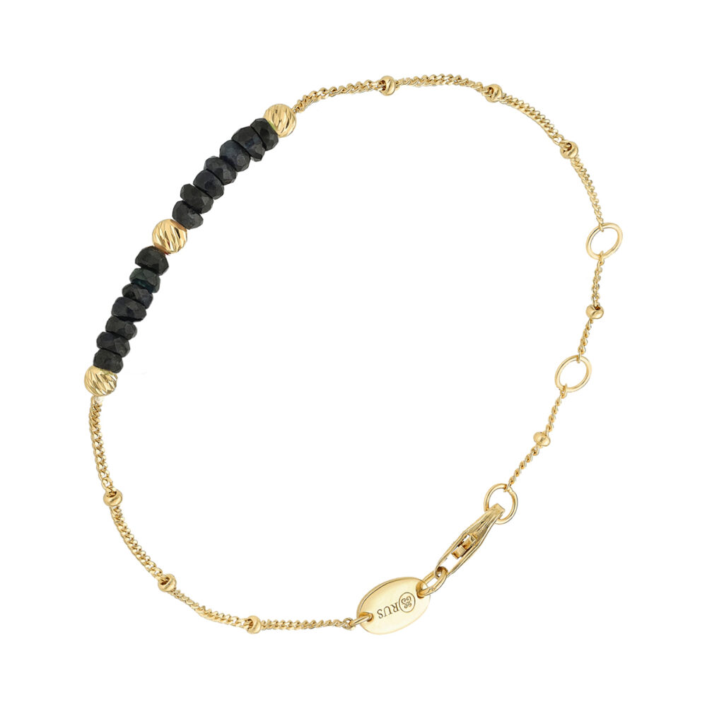 Bracelet argent doré pierres précieuses saphir noir véritable et perles dorées
