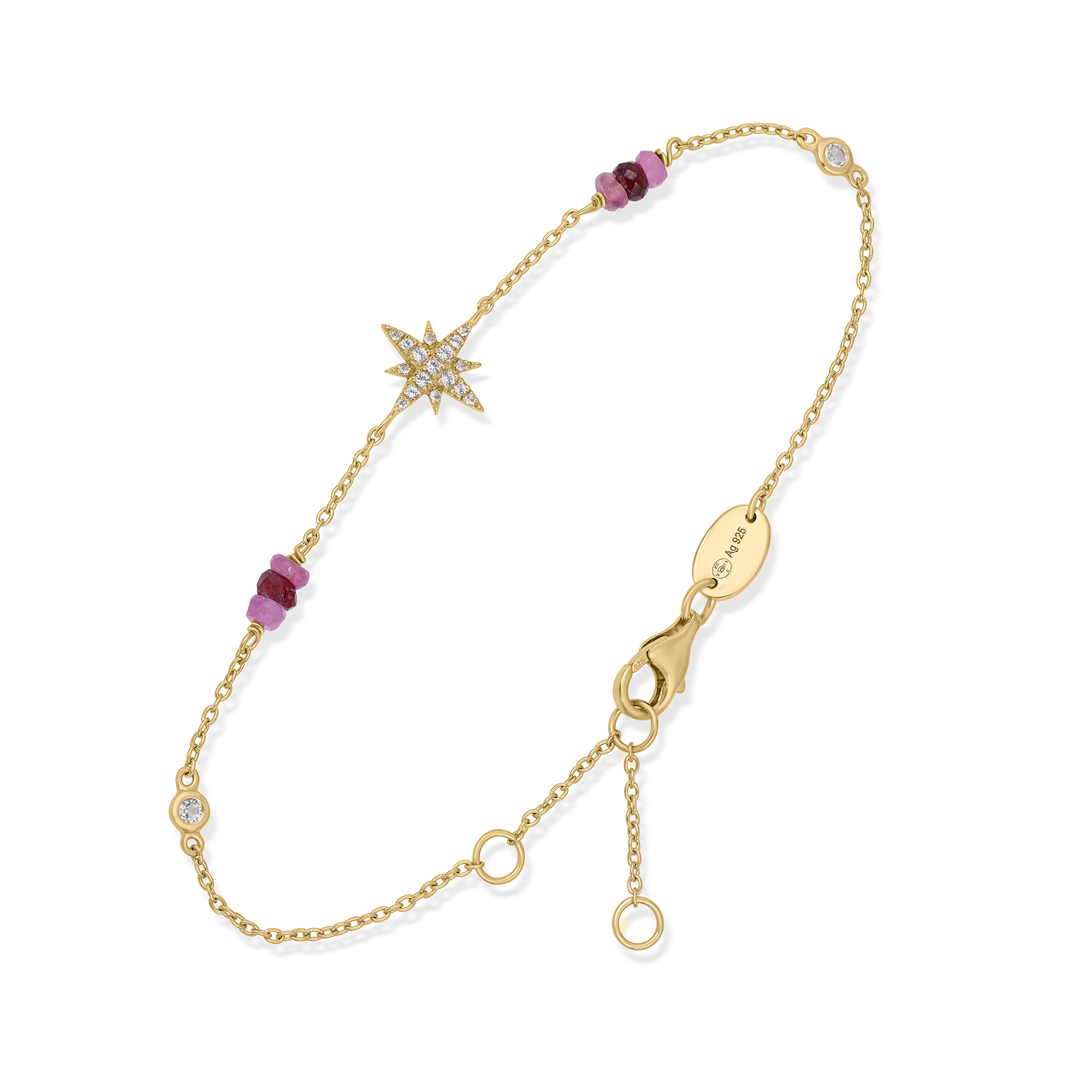 Bracelet Chaîne Étoile Polaire en Argent Doré, Rubis Rouge et Topaze 1