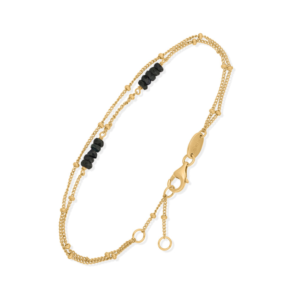 Bracelet Doubles Rangs  en Argent Doré, Saphir Noir