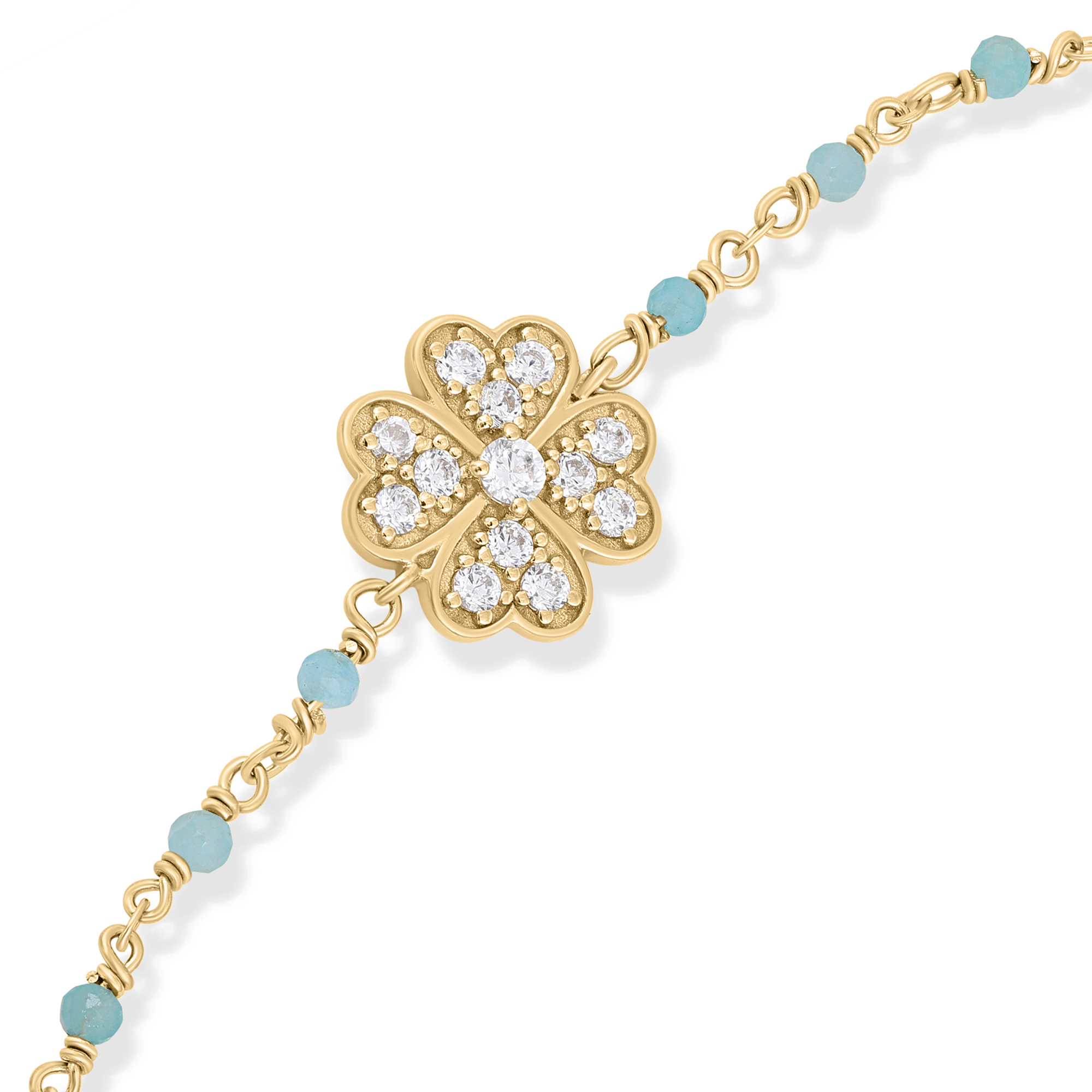 Bracelet "Trèfle de Chance" en Argent Doré, Amazonite Naturelle et Oxydes de Zirconium 2