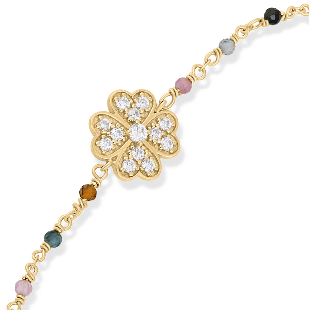 Alternative view of Bracelet "Trèfle de Chance" en Argent Doré, Tourmaline Multicolore et Oxydes de Zirconium