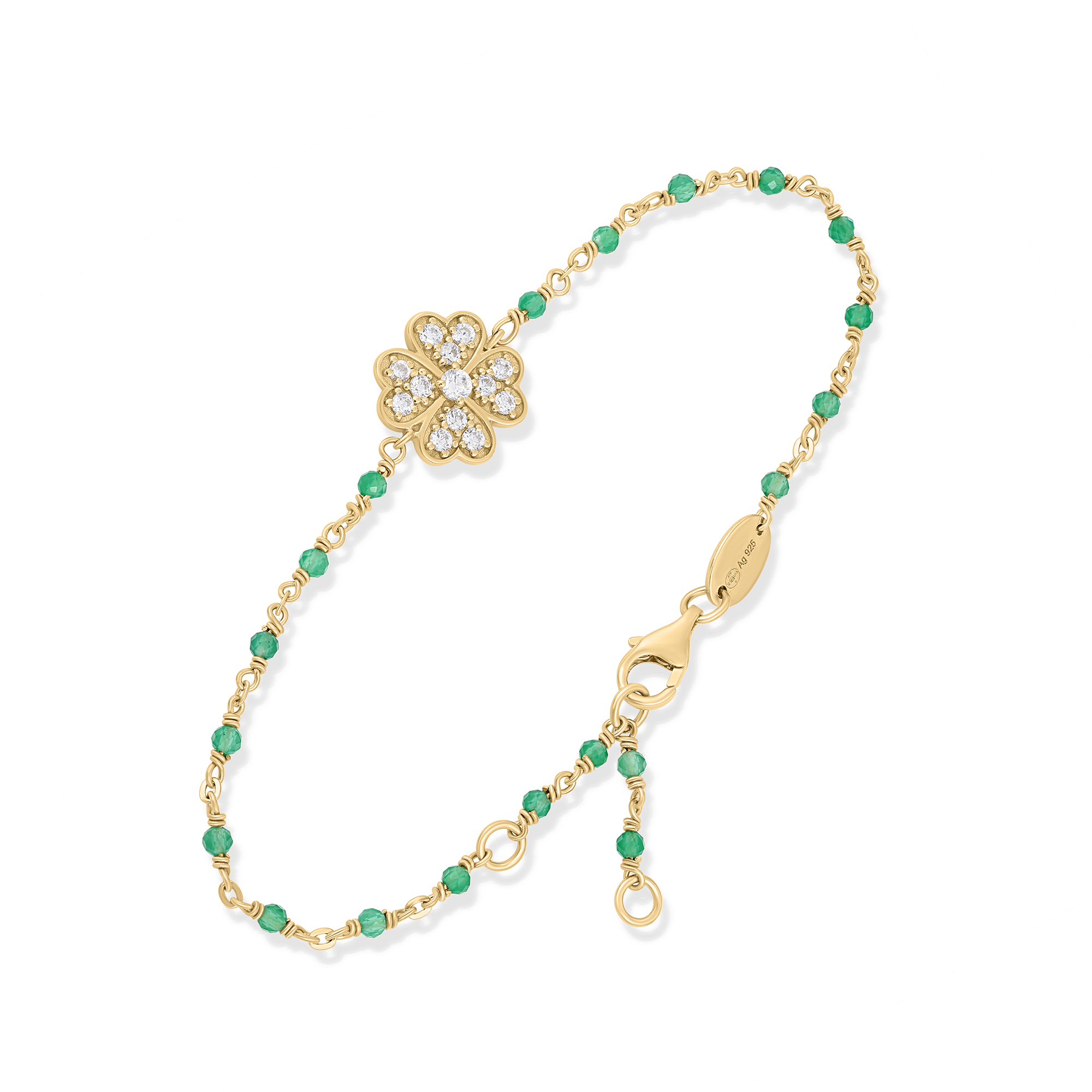 Bracelet "Trèfle de Chance" en Argent Doré, Onyx Vert et Oxydes de Zirconium 1