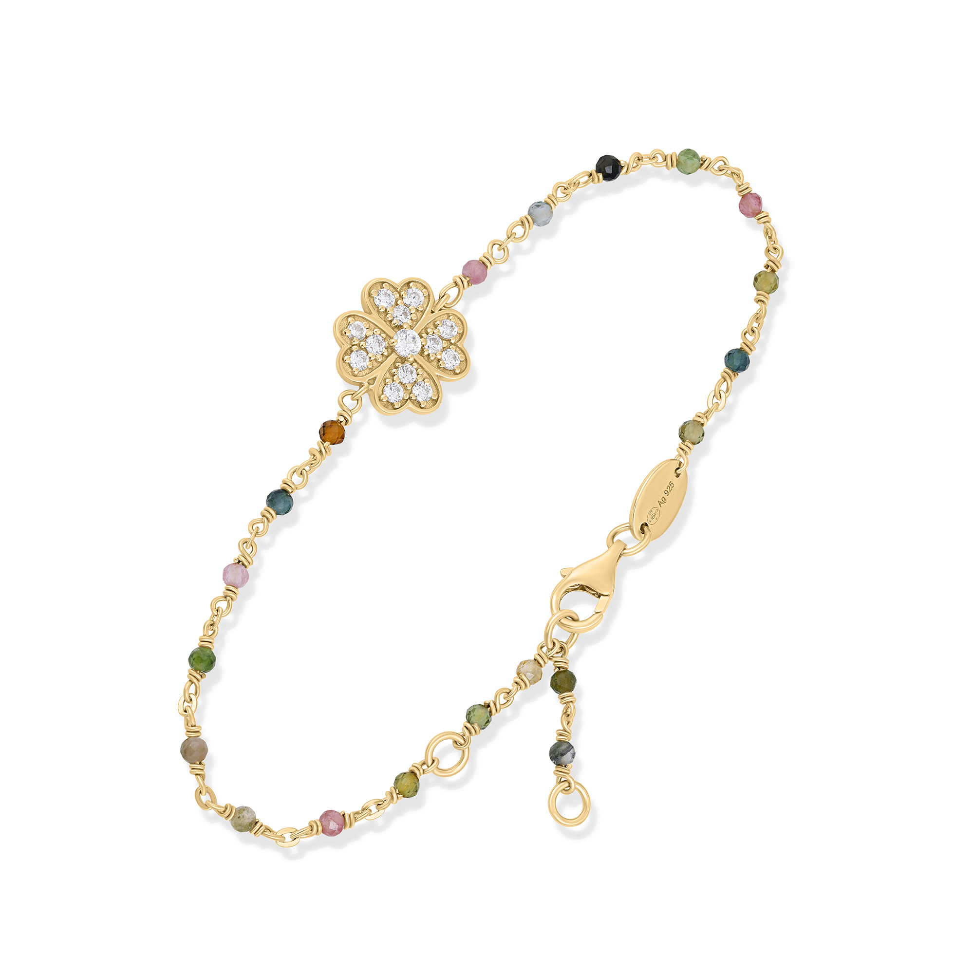 Bracelet "Trèfle de Chance" en Argent Doré, Tourmaline Multicolore et Oxydes de Zirconium 1