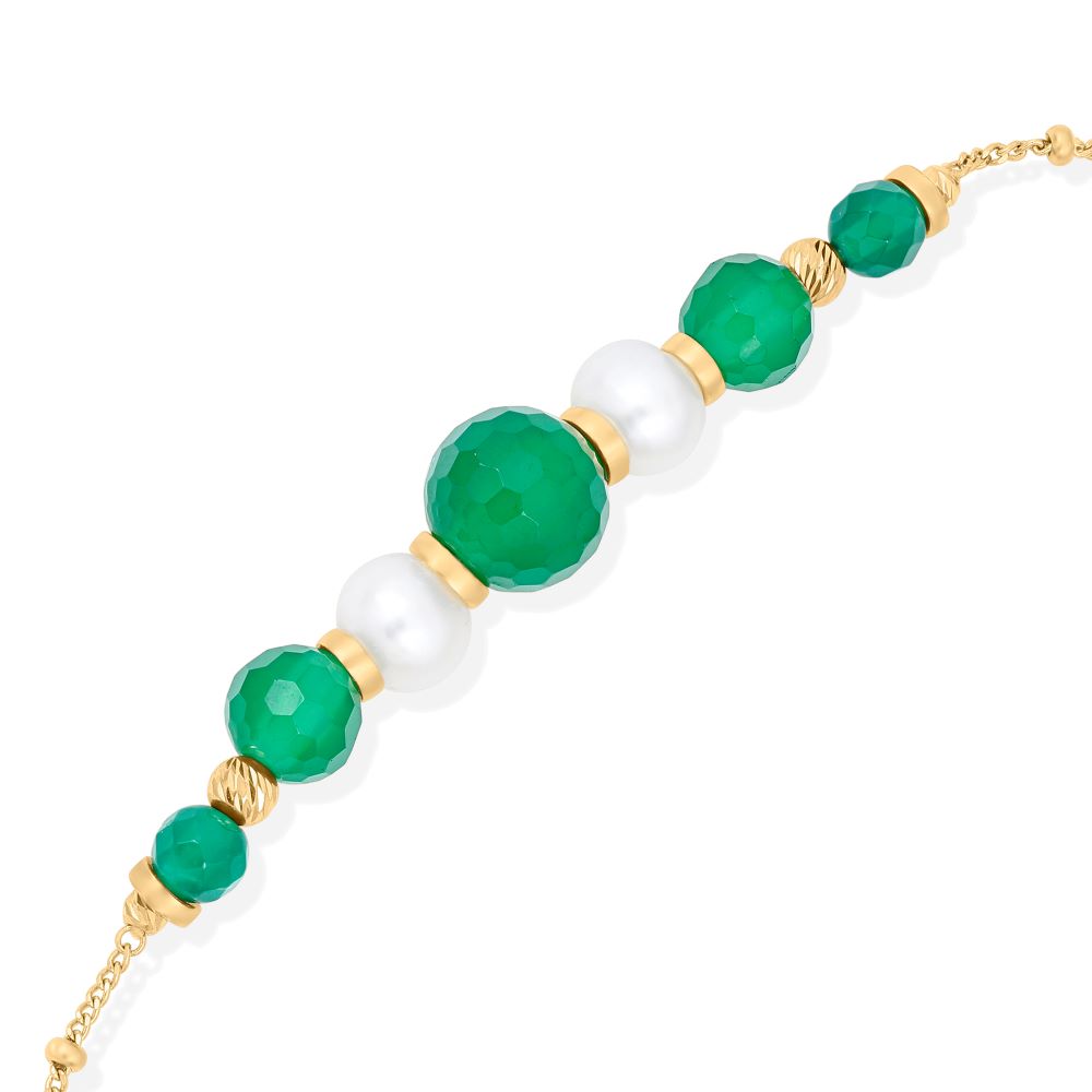 Alternative view of Bracelet Chaîne "Éclat Nocturne" en Argent Doré, Perles naturelles et Pierres Onyx vert Facettées