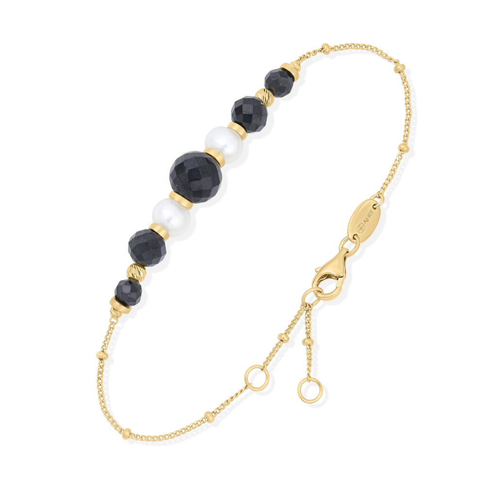 Bracelet Chaîne "Éclat Nocturne" en Argent Doré, Perles de Culture et Pierres Noires Facettées