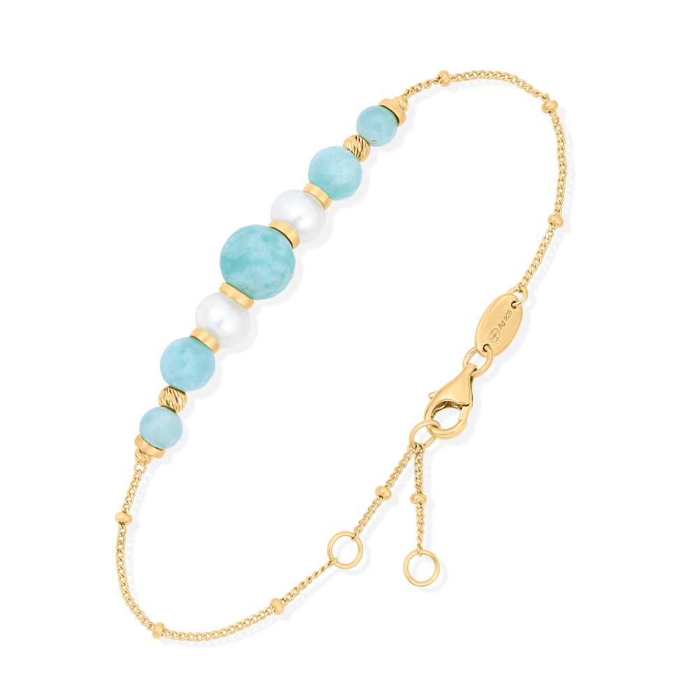Bracelet Chaîne "Éclat Nocturne" en Argent Doré, Perles naturelles et Pierres Amazonite Facettées