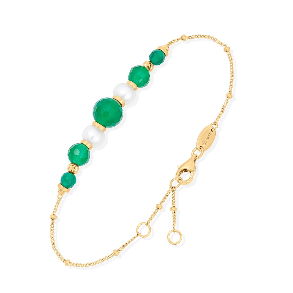 Bracelet Chaîne "Éclat Nocturne" en Argent Doré, Perles naturelles et Pierres Onyx vert Facettées