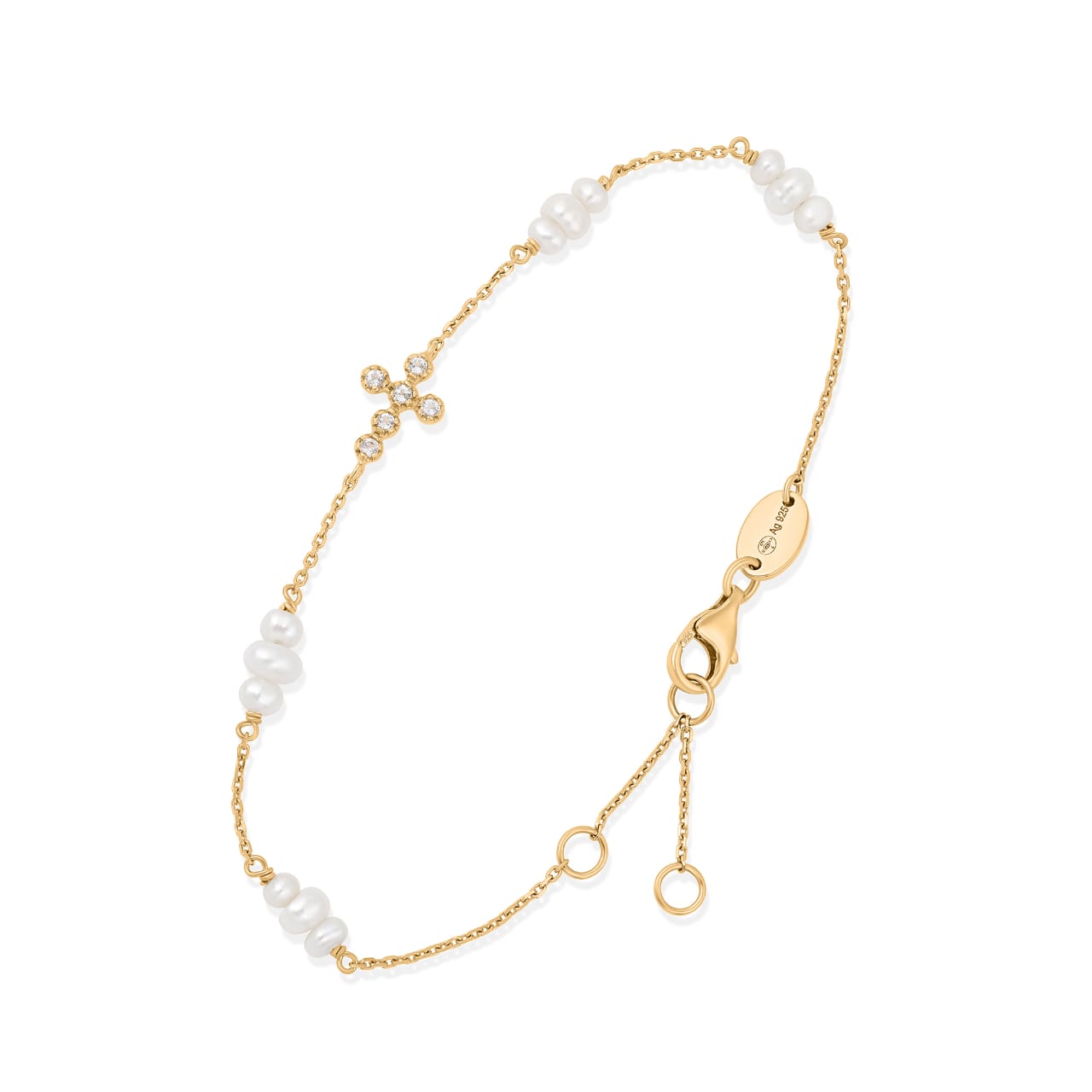 Bracelet en Argent Doré Croix Oxyde de Zirconium et Perles de Culture Naturelles 1