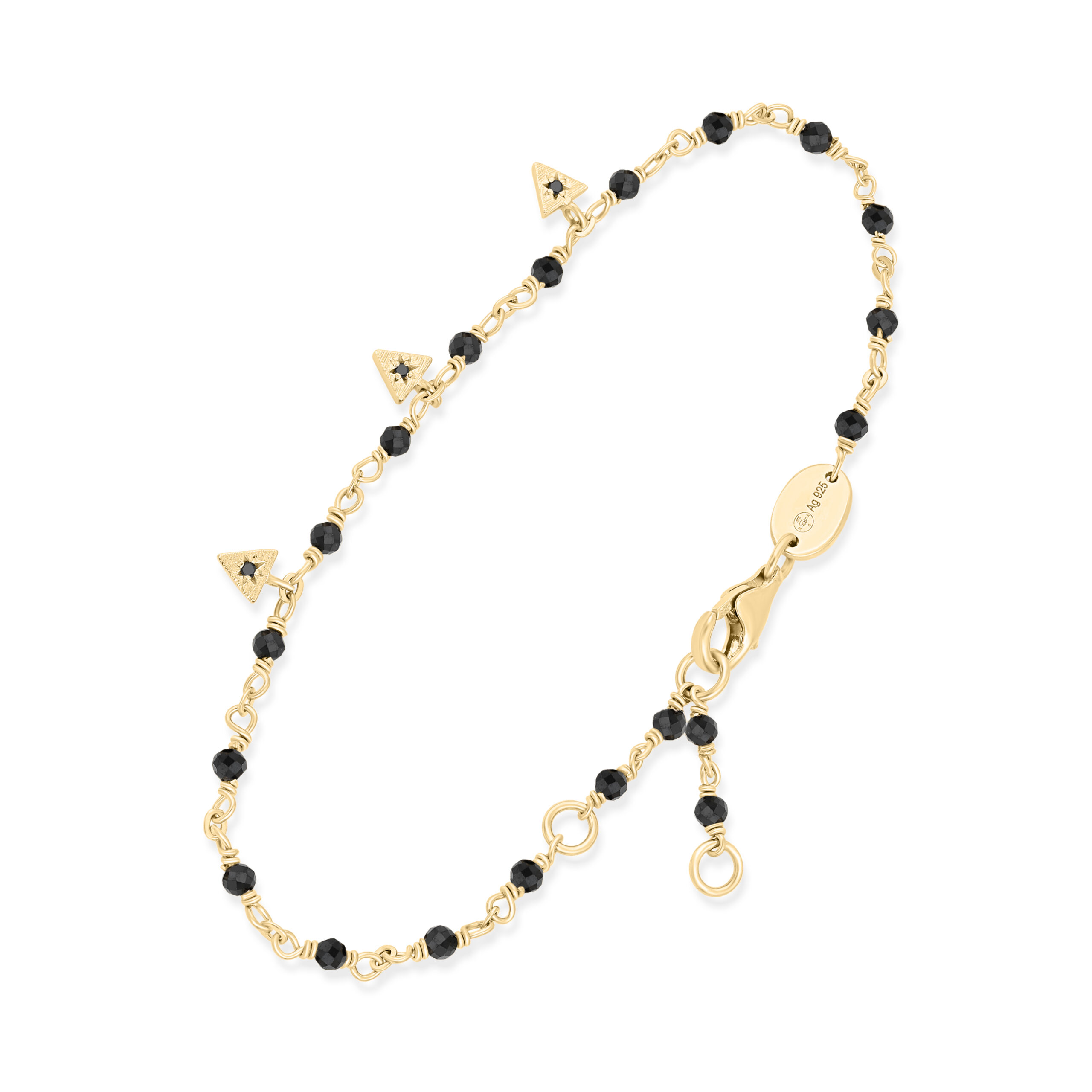 BRD215NOIRGOLD Bracelet argent doré perles naturelles spinelle noire et pampilles