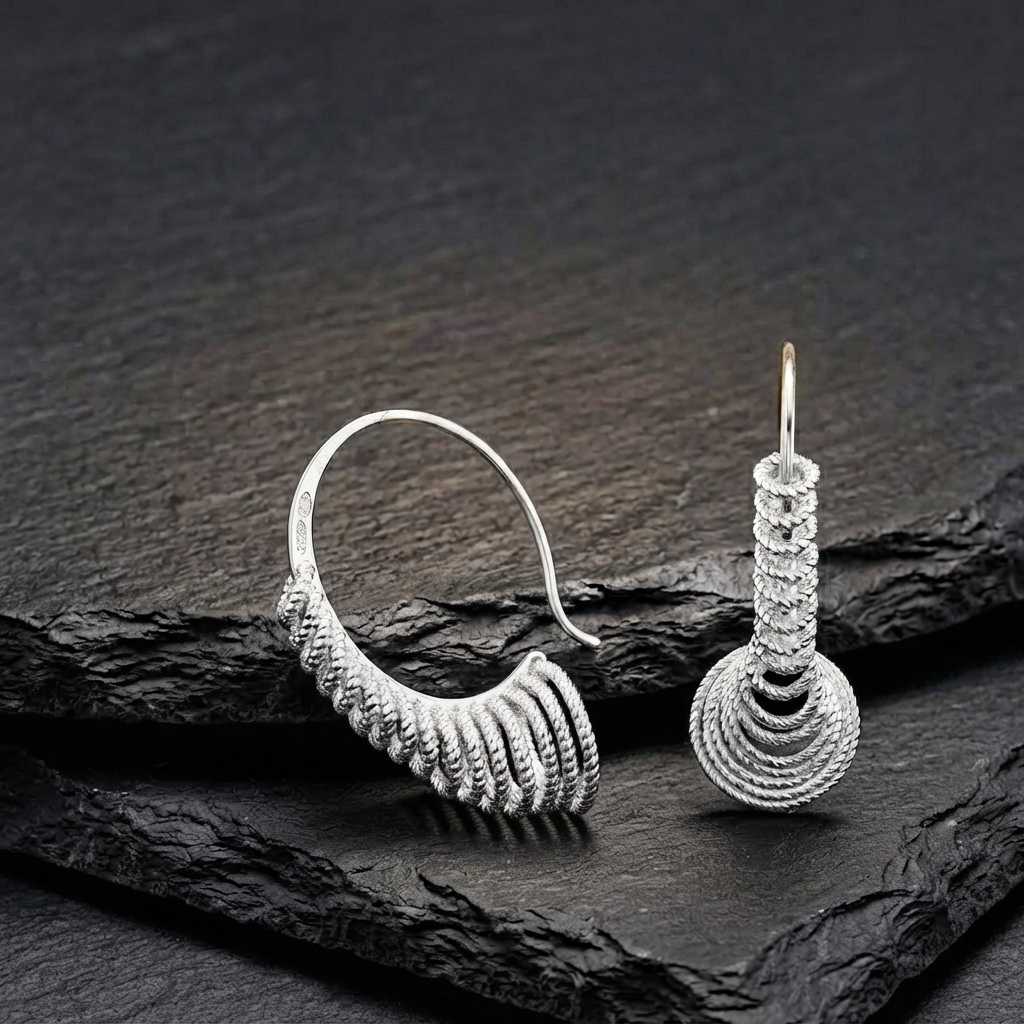 Boucles d'Oreilles Créoles Sculpturales Argent Rhodié Finition Diamantée Éclat Moderne 2