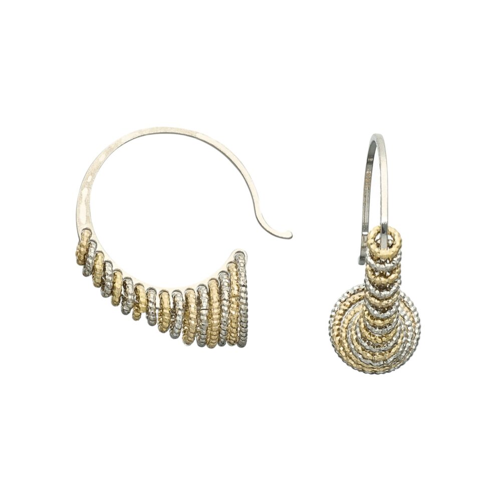 Boucles d'Oreilles Créoles Sculpturales Argent Bicolore Finition Diamantée Éclat Moderne