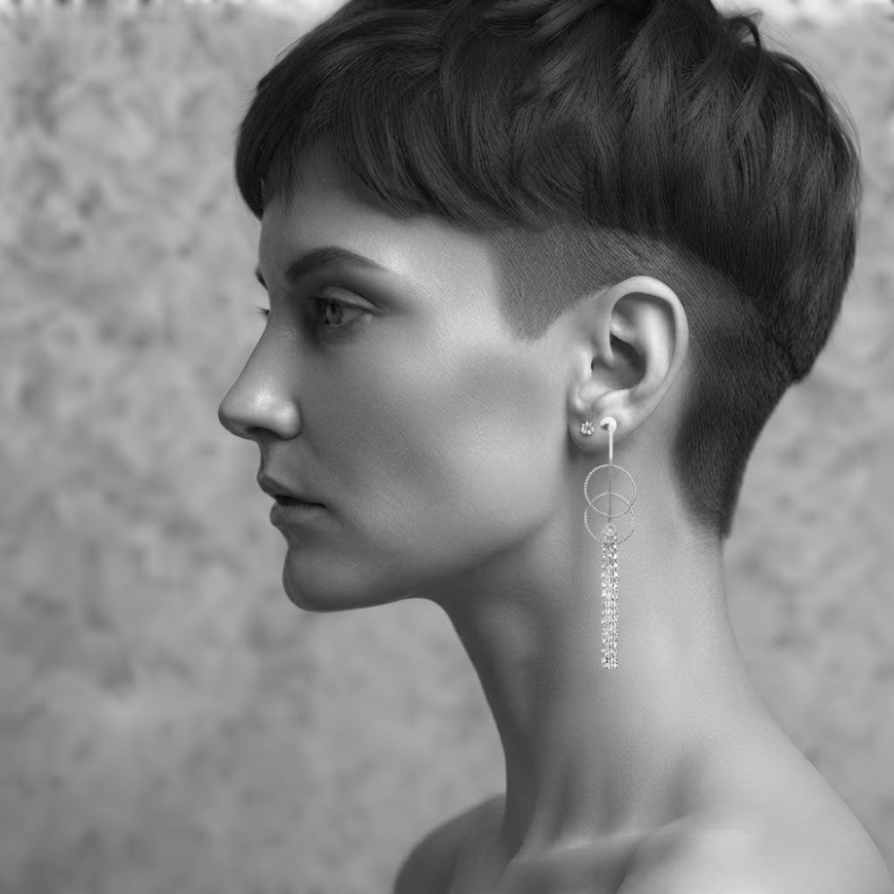 Alternative view of Boucles d'oreilles argent pendantes doubles cercles et pendant chaines
