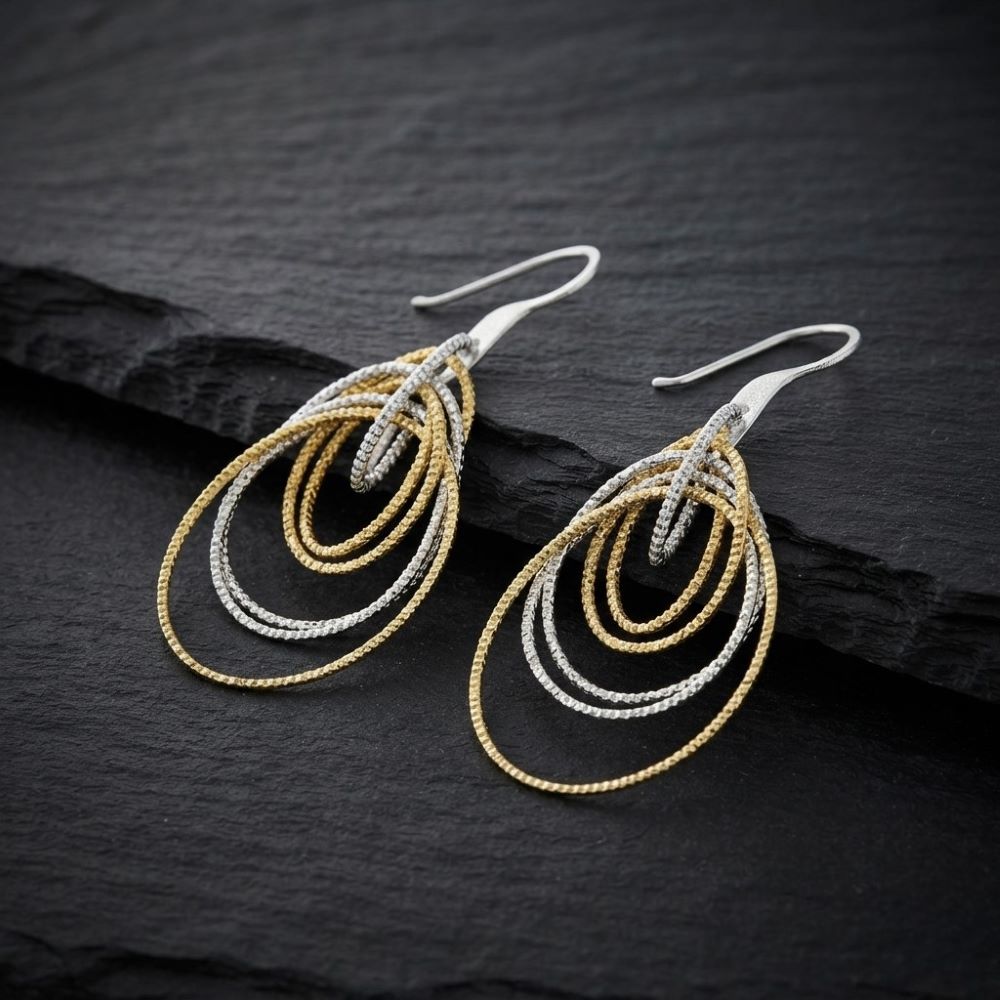Alternative view of Boucles d'oreilles argent rhodié doré diamanté saturne
