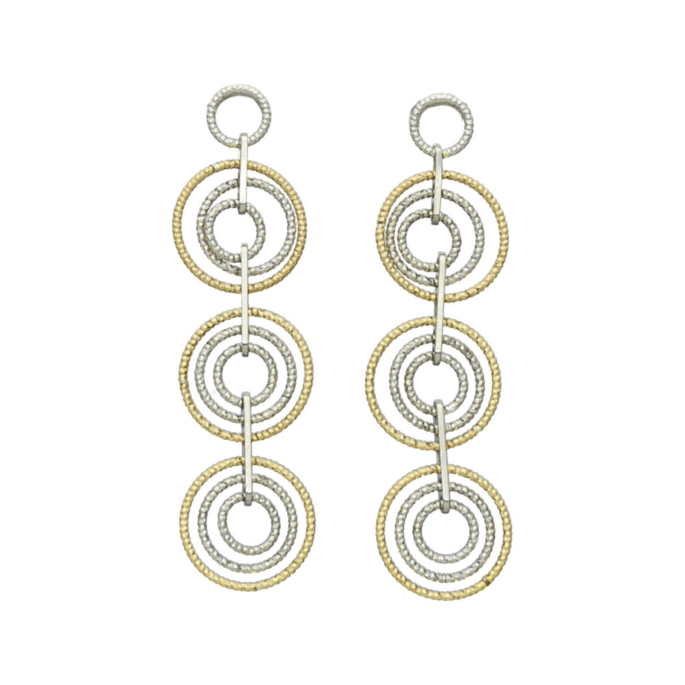 Boucles d'Oreilles Pendantes Anneaux Superposées Bicolore Argent et Doré diamanté