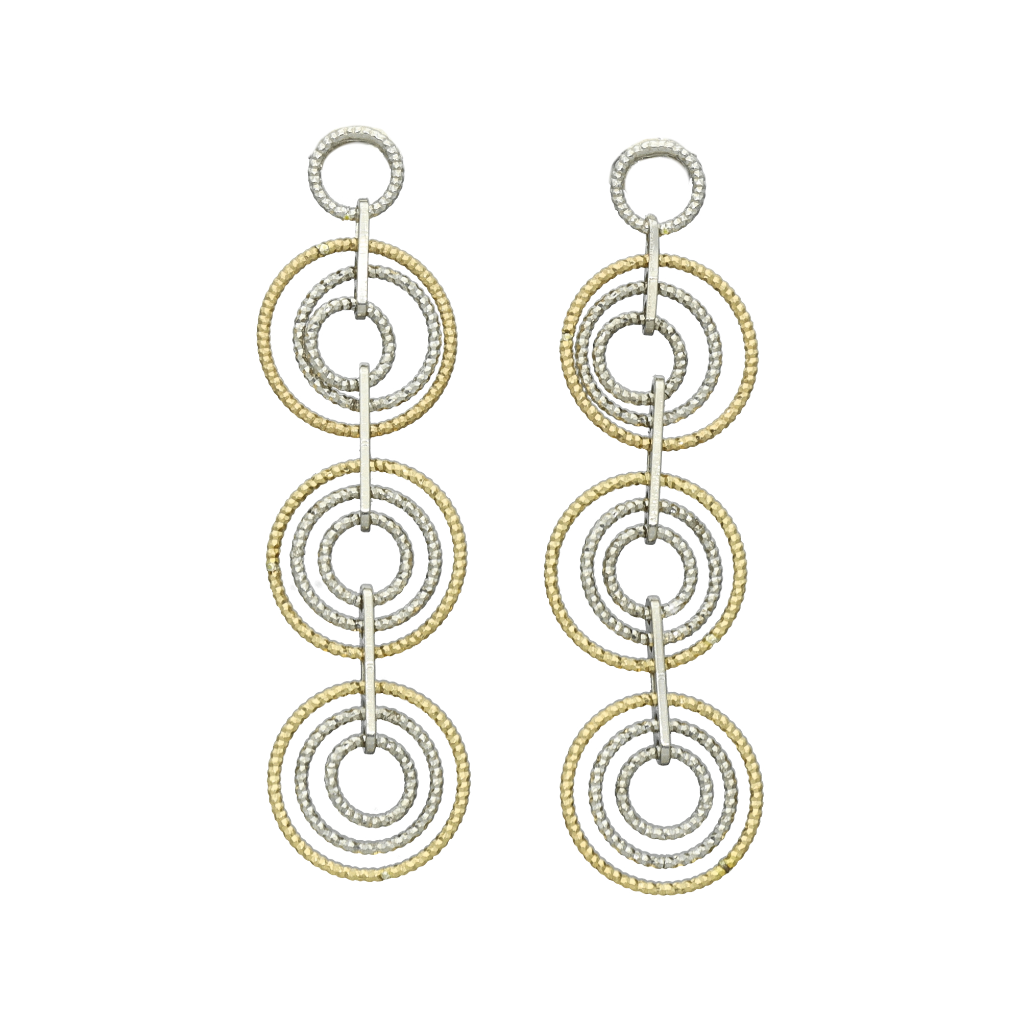 Boucles d'Oreilles Pendantes Anneaux Superposées Bicolore Argent et Doré diamanté 1