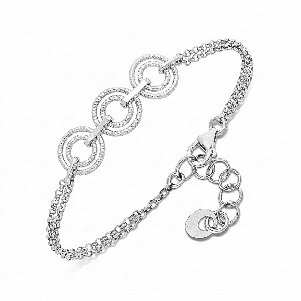 Bracelet femme argent rhodié doubles chaînes cercles diamantés collection Spirale — vue de face, Orus Bijoux
