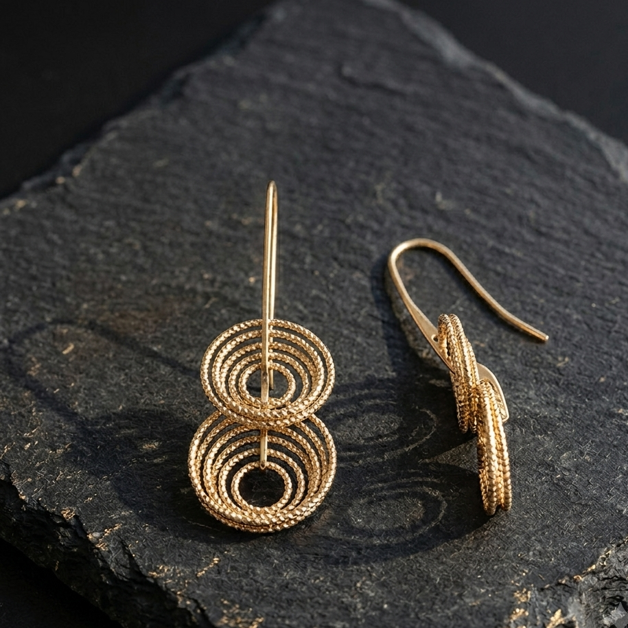 Alternative view of Boucles d’Oreilles Pendantes Cercles Entrelacés en Argent Doré Finition Diamantée Scintillante