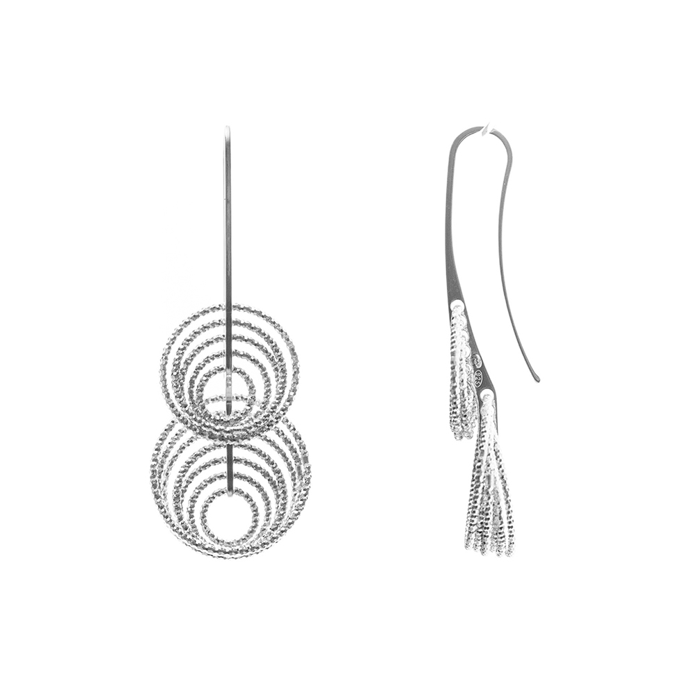 Boucles d’Oreilles Pendantes Cercles Entrelacés en Argent Rhodié Finition Diamantée Scintillante