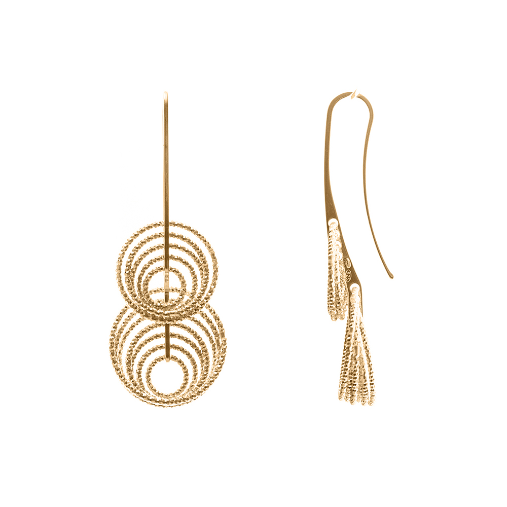 Boucles d’Oreilles Pendantes Cercles Entrelacés en Argent Doré Finition Diamantée Scintillante