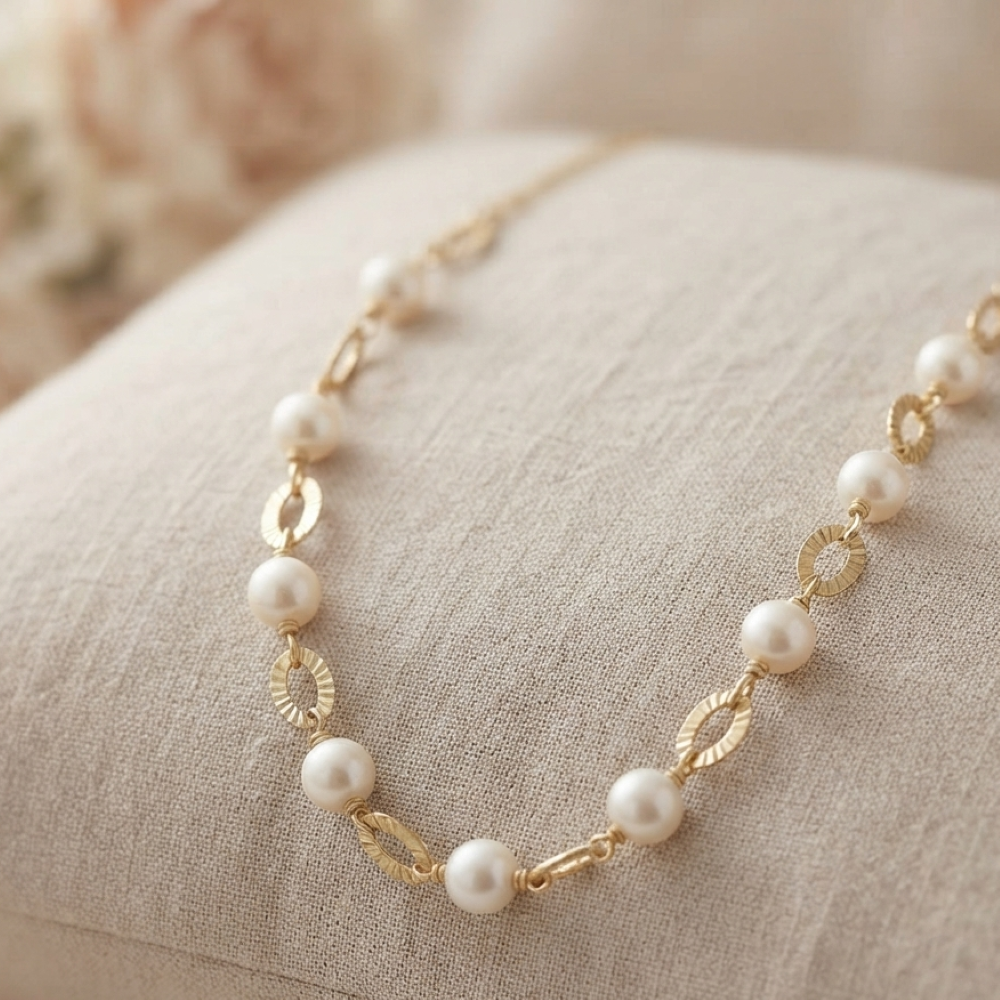Alternative view of Collier argent dorée perle naturelle blanche maillons doré