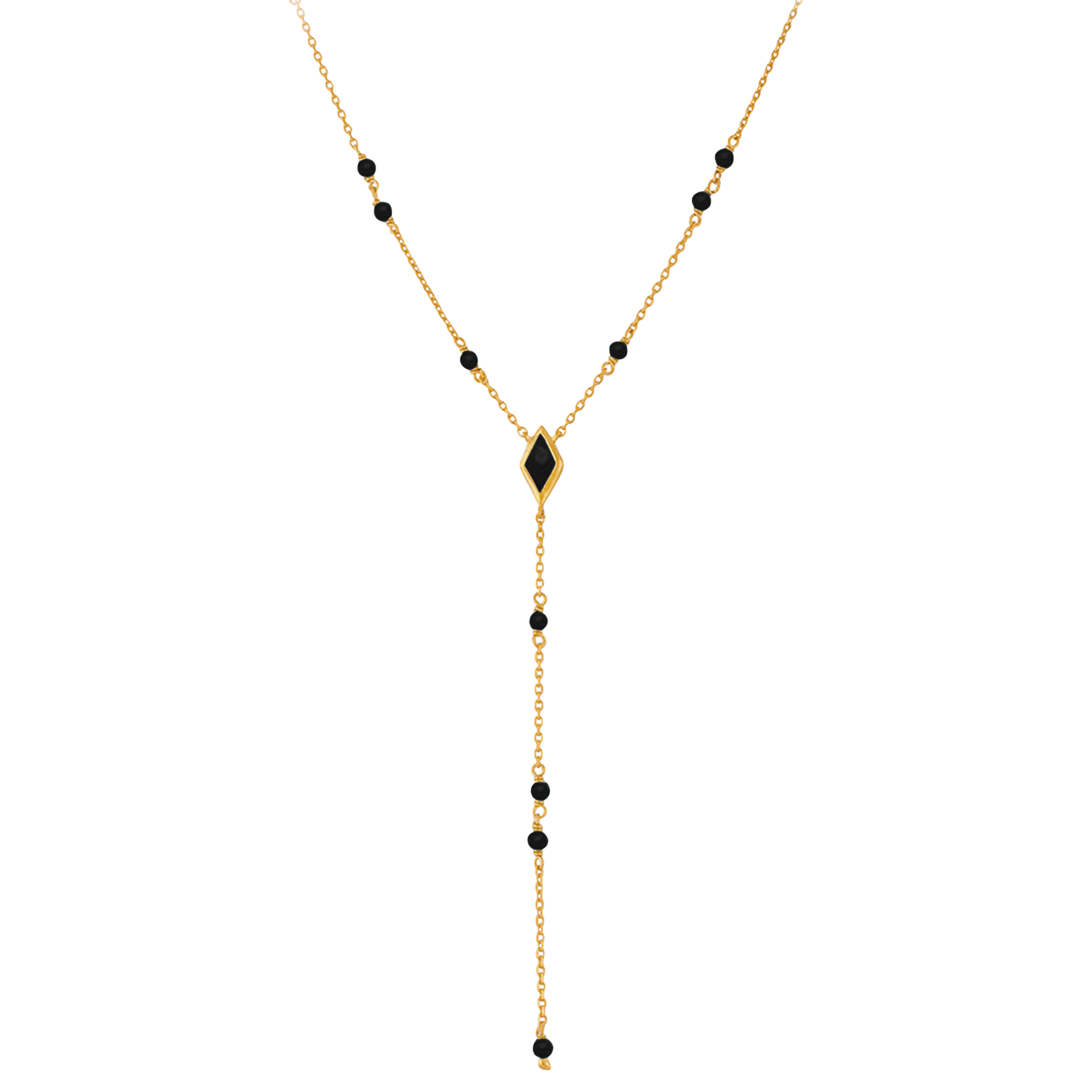 COD026BLKGOLD Collier en argent doré cravate pierres spinelles noires 1