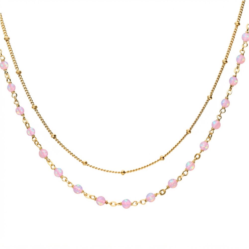 Collier argent doré double chaine et pierres naturelles opale rose