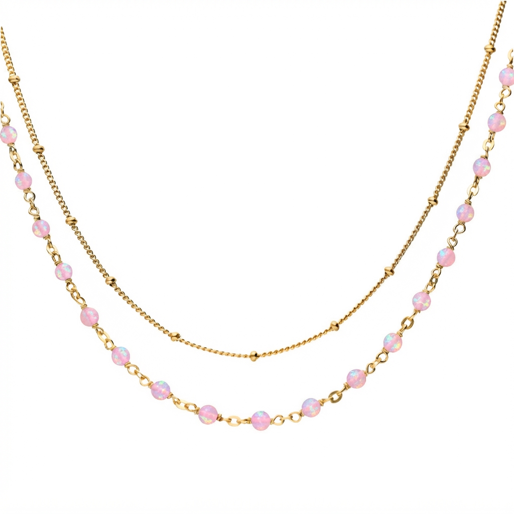 Collier argent doré double chaine et pierres naturelles opale rose 1