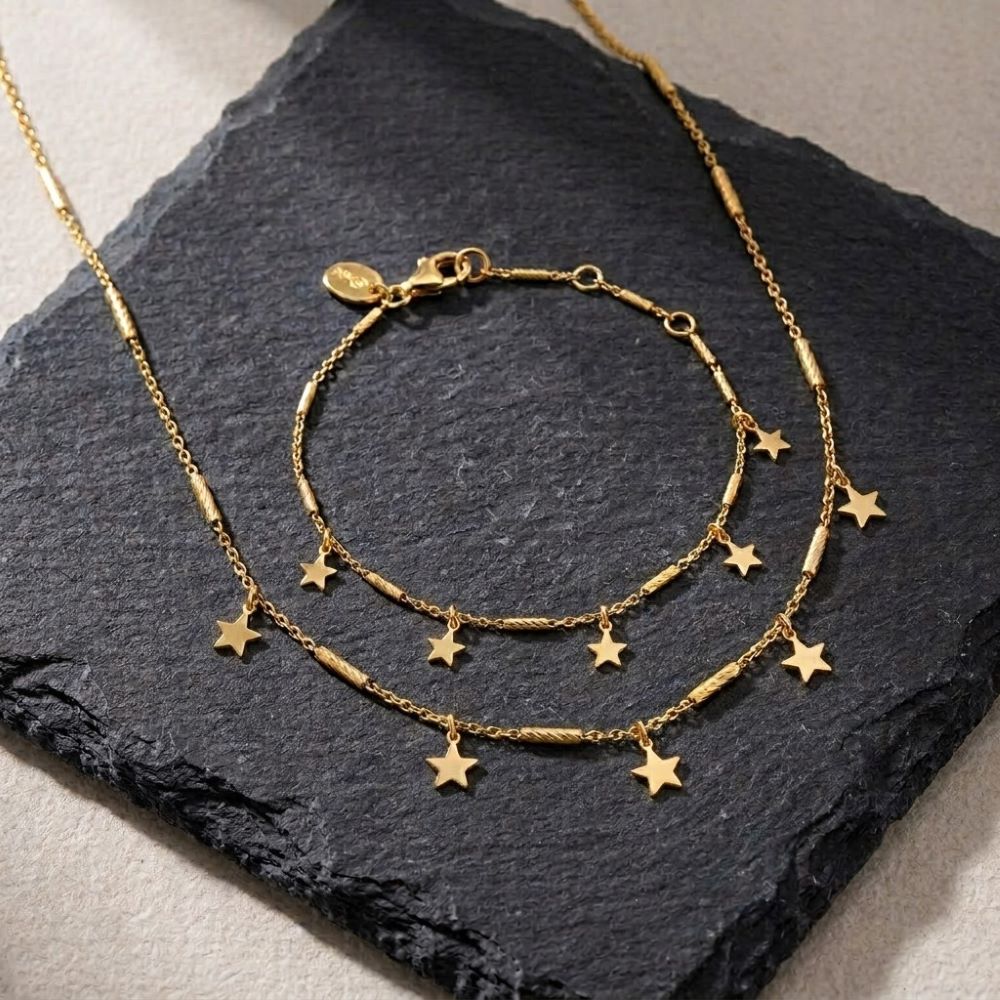 Bracelet argent doré chaine barrettes et étoiles dorée 2