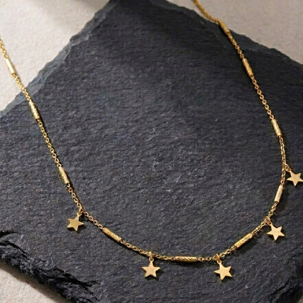 Alternative view of Collier argent doré chaine barrettes et étoiles dorée
