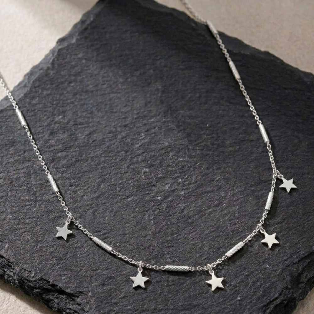 Alternative view of Collier argent rhodié chaine barrettes et étoiles rhodié