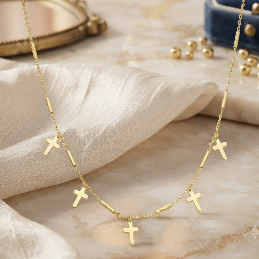 Alternative view of Collier argent doré chaine barrettes et croix dorée