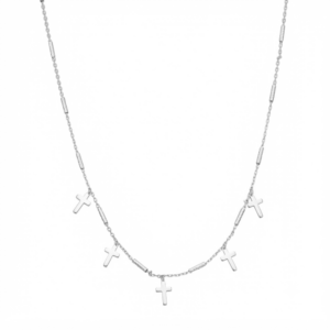 COD046 RH Collier argent rhodié chaine barrettes et croix rhodié