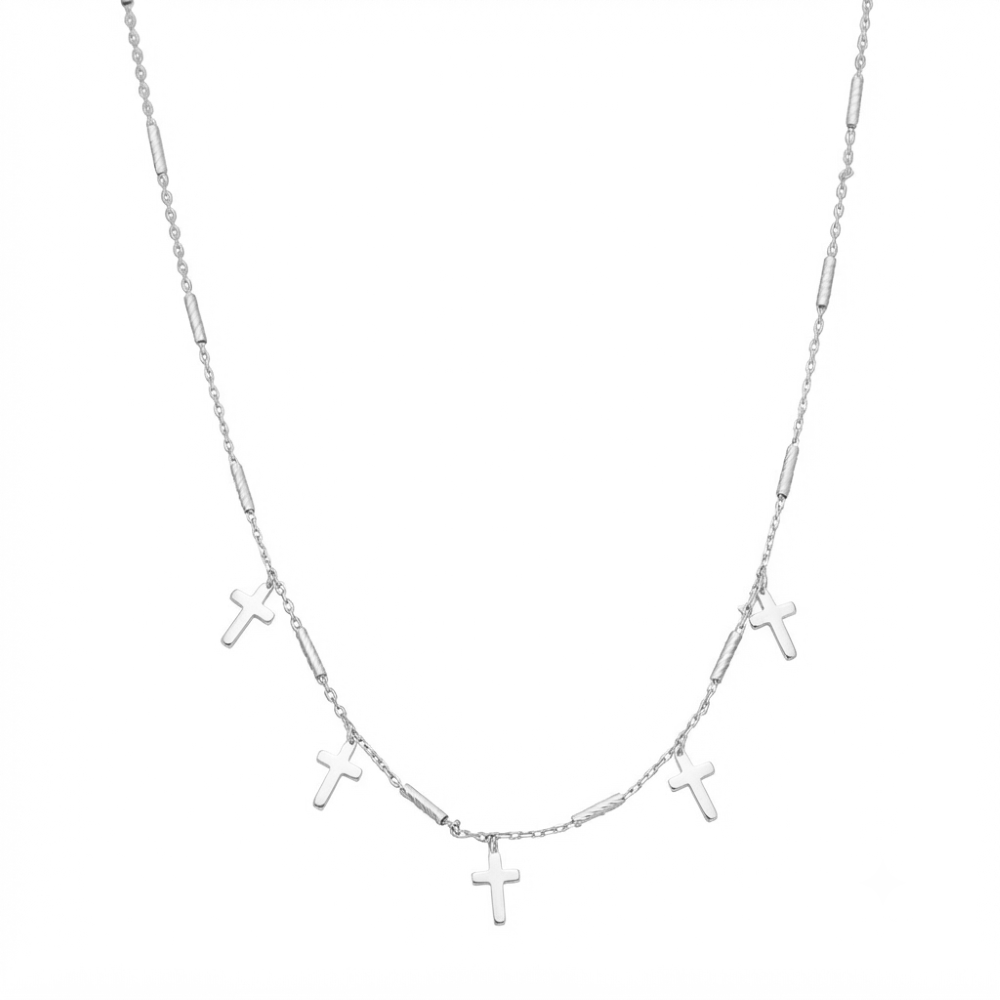 COD046 RH Collier argent rhodié chaine barrettes et croix rhodié