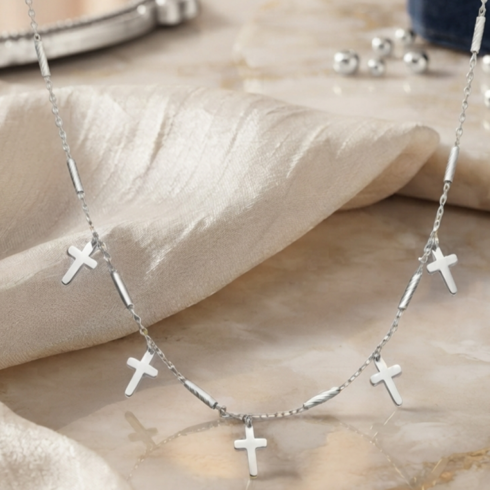 COD046 RHODIE Collier argent rhodié chaine barrettes et croix rhodié 1