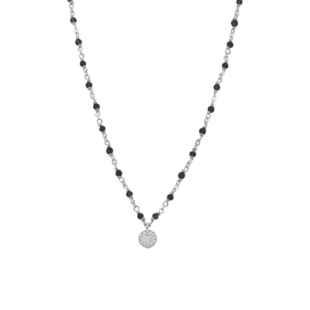 Collier argent rhodié médaillon diamanté et pierres spinelle noire