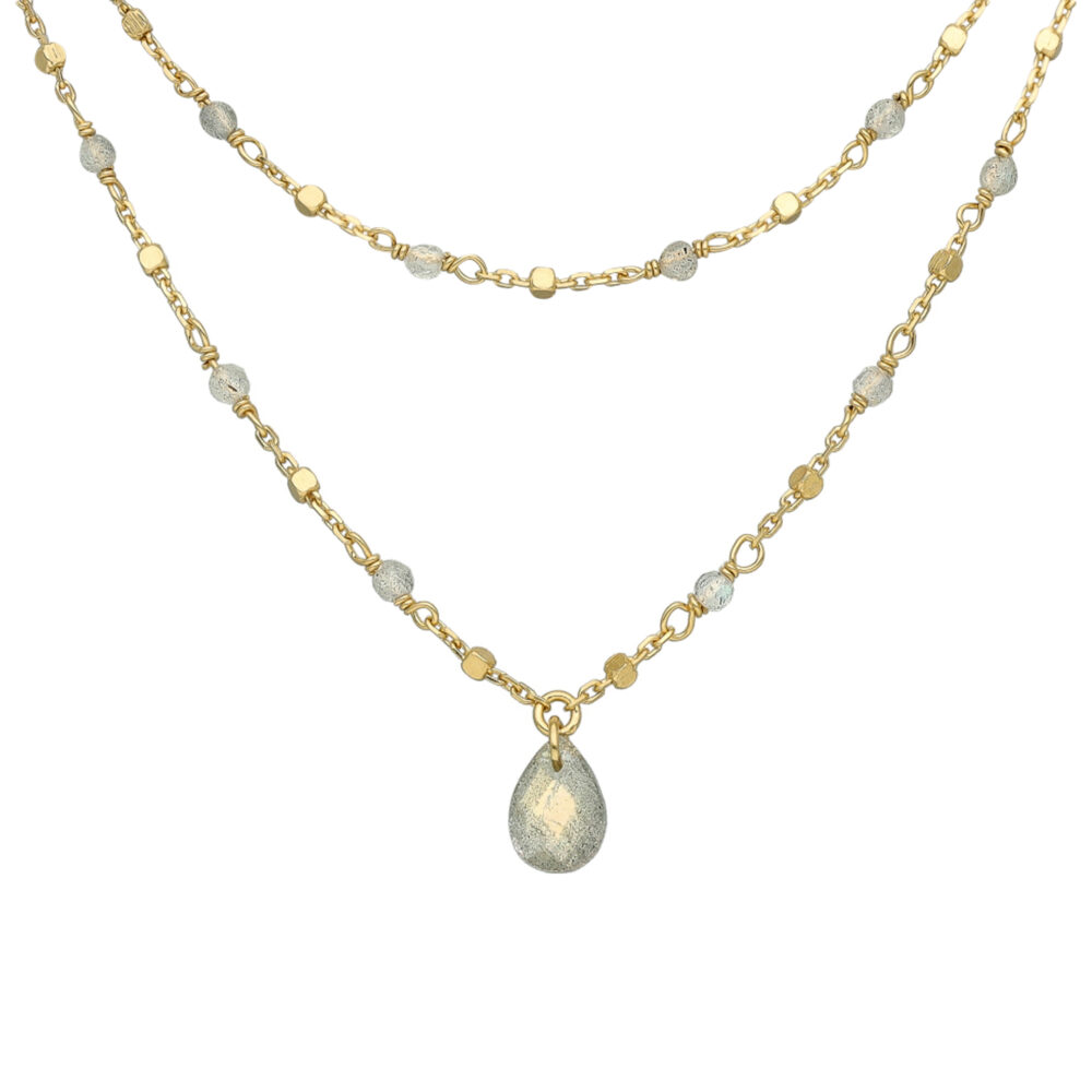 Alternative view of Collier argent doré double chaine goutte pierres naturelles labradorite