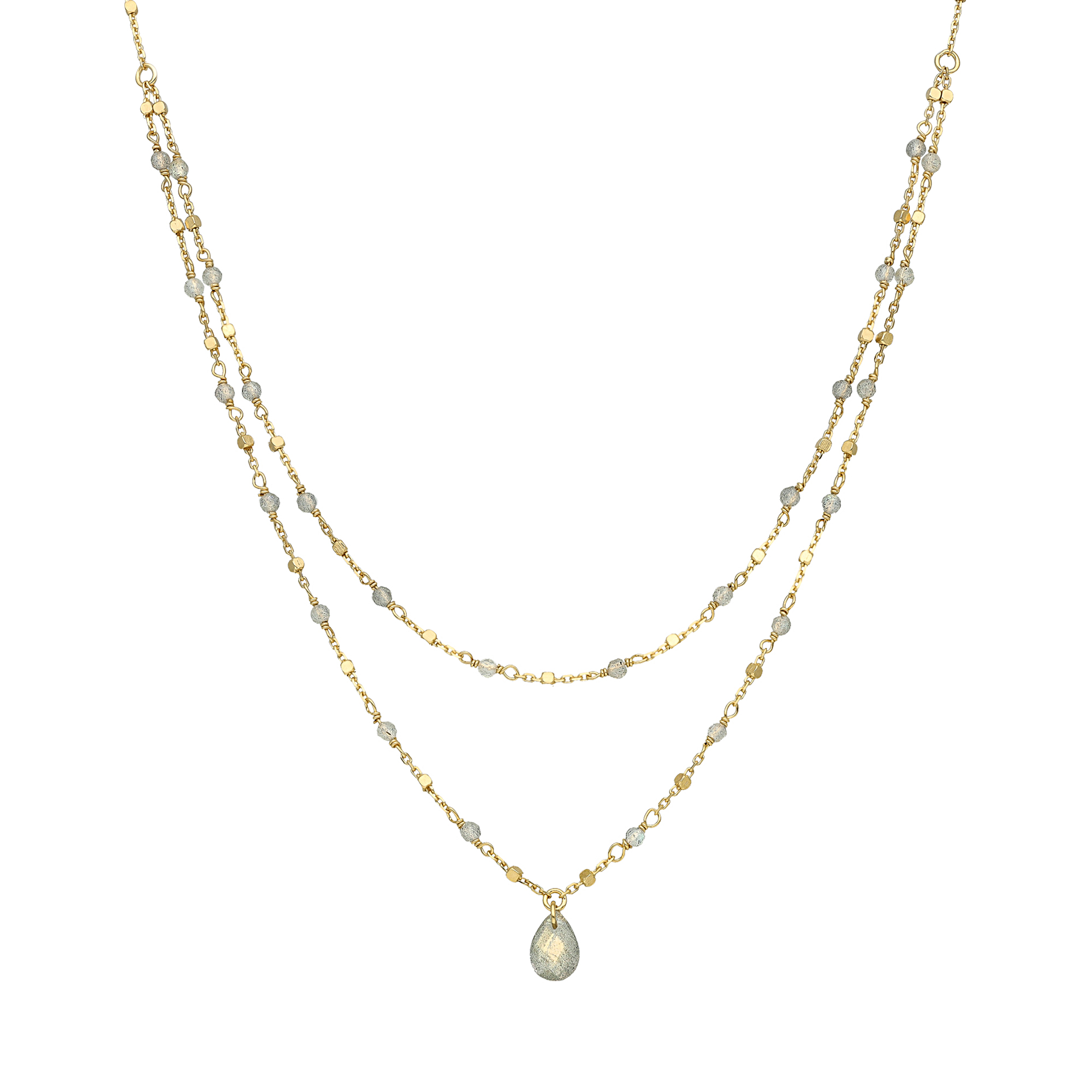 Collier argent doré double chaine goutte pierres naturelles labradorite 1