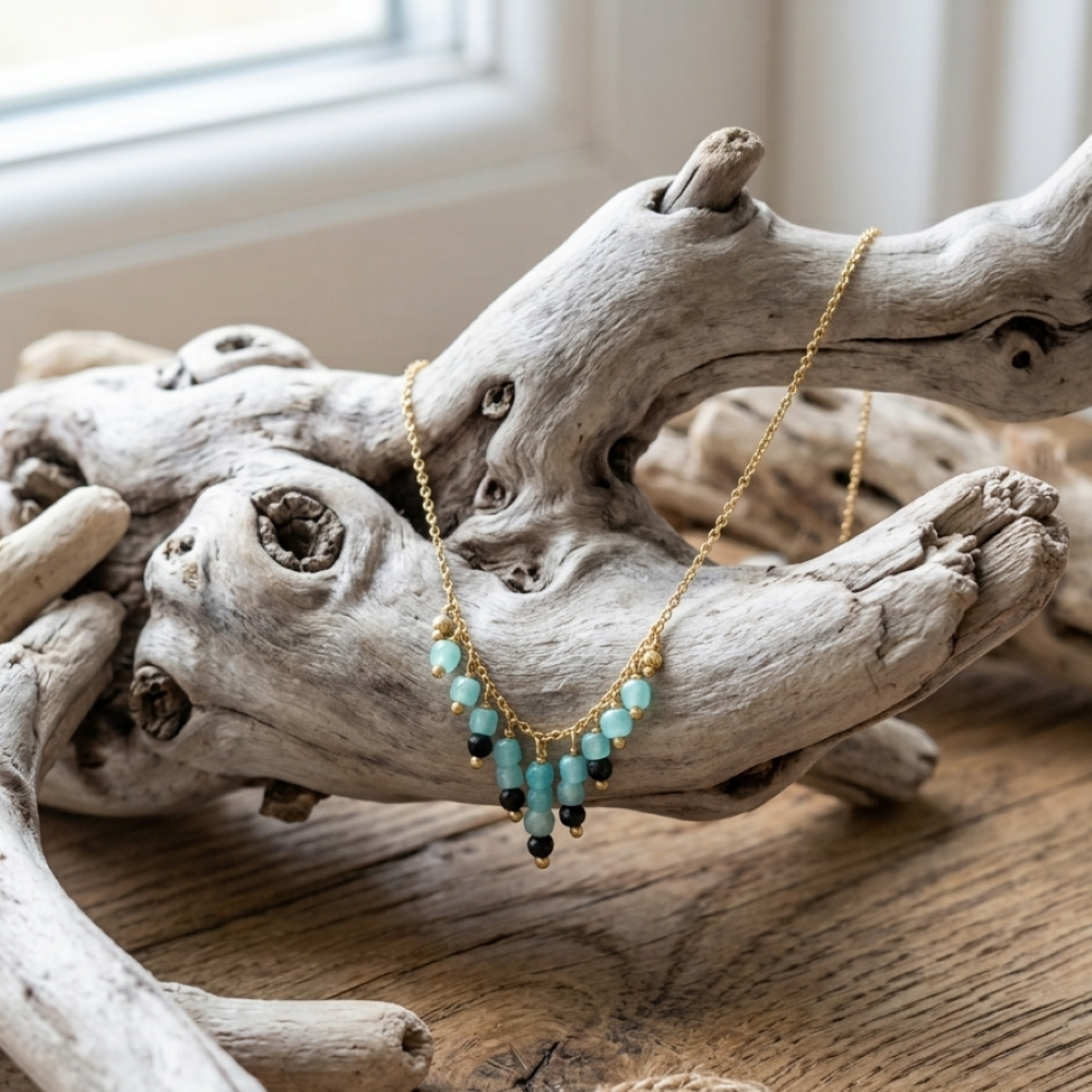 Collier argent doré pierre pampille amazonite spinelle noire 1
