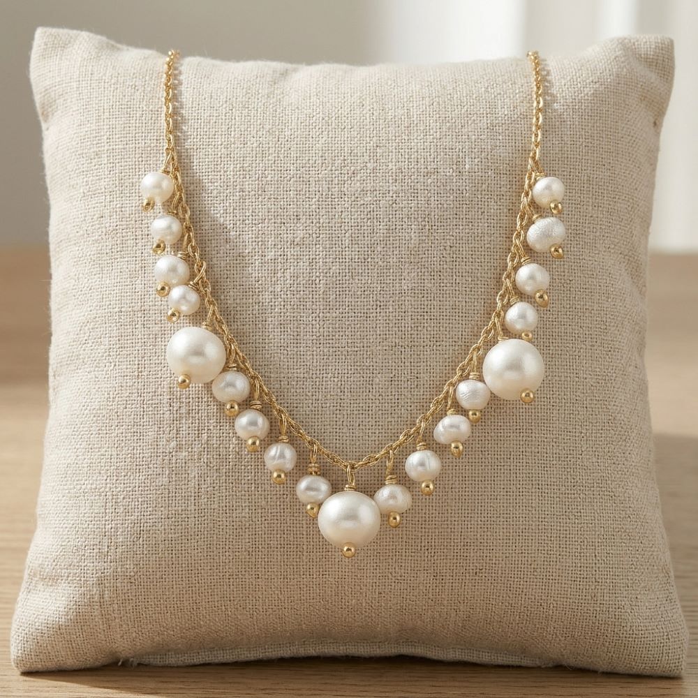 Alternative view of Collier argent doré multi perle naturelle blanche