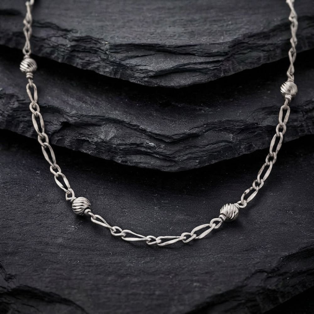Alternative view of Collier chaine argent maille alternée rhodié perles diamantées