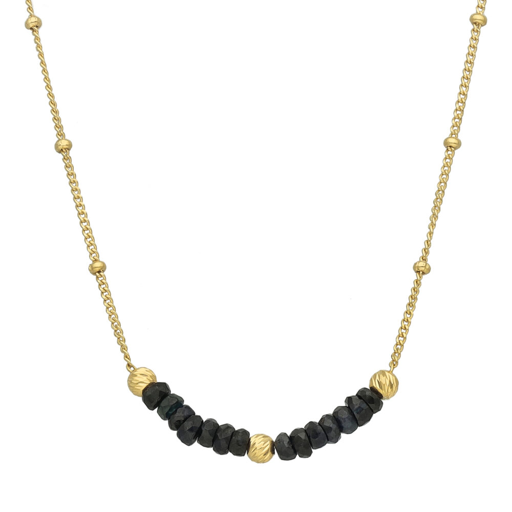 Collier argent doré pierres précieuses saphir noir véritable et perles dorées