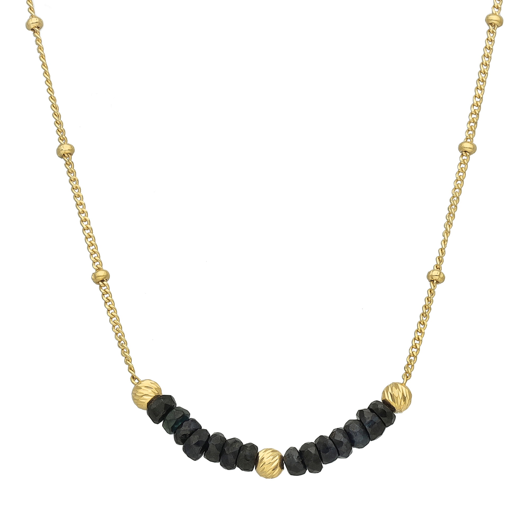 Collier argent doré pierres précieuses saphir noir véritable et perles dorées 1