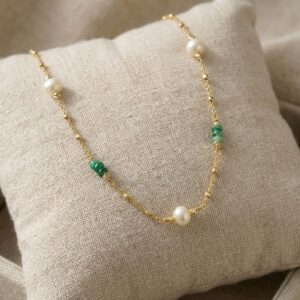 COD1159NEW Collier argent doré pierres précieuses émeraude véritable et perle naturelle blanche 4