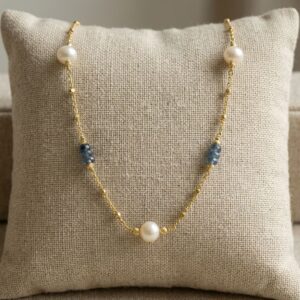 Collier argent doré pierres précieuses saphir véritable et perle naturelle blanche 4